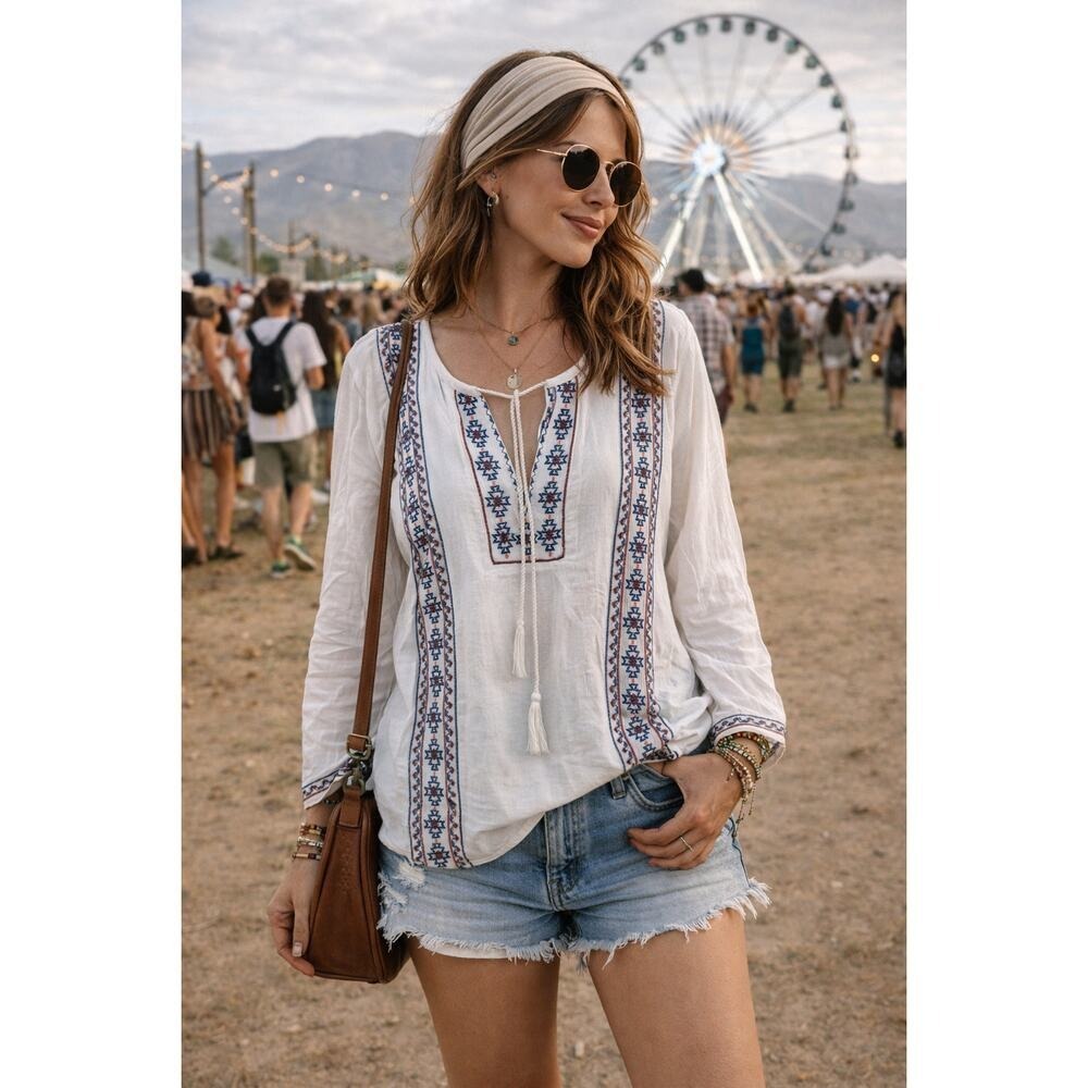 Lucky Brand Oversized Gauze Tunic Top SIzeXS Boho Embroidered Cottagecore Resort